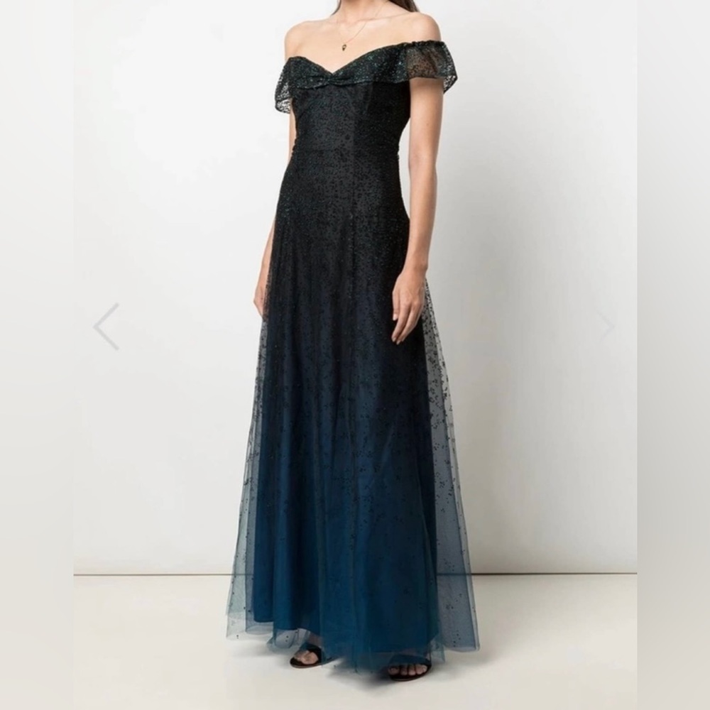 Marchesa Notte Ombré Glitter Tulle Off the Shoulder A-line Gown